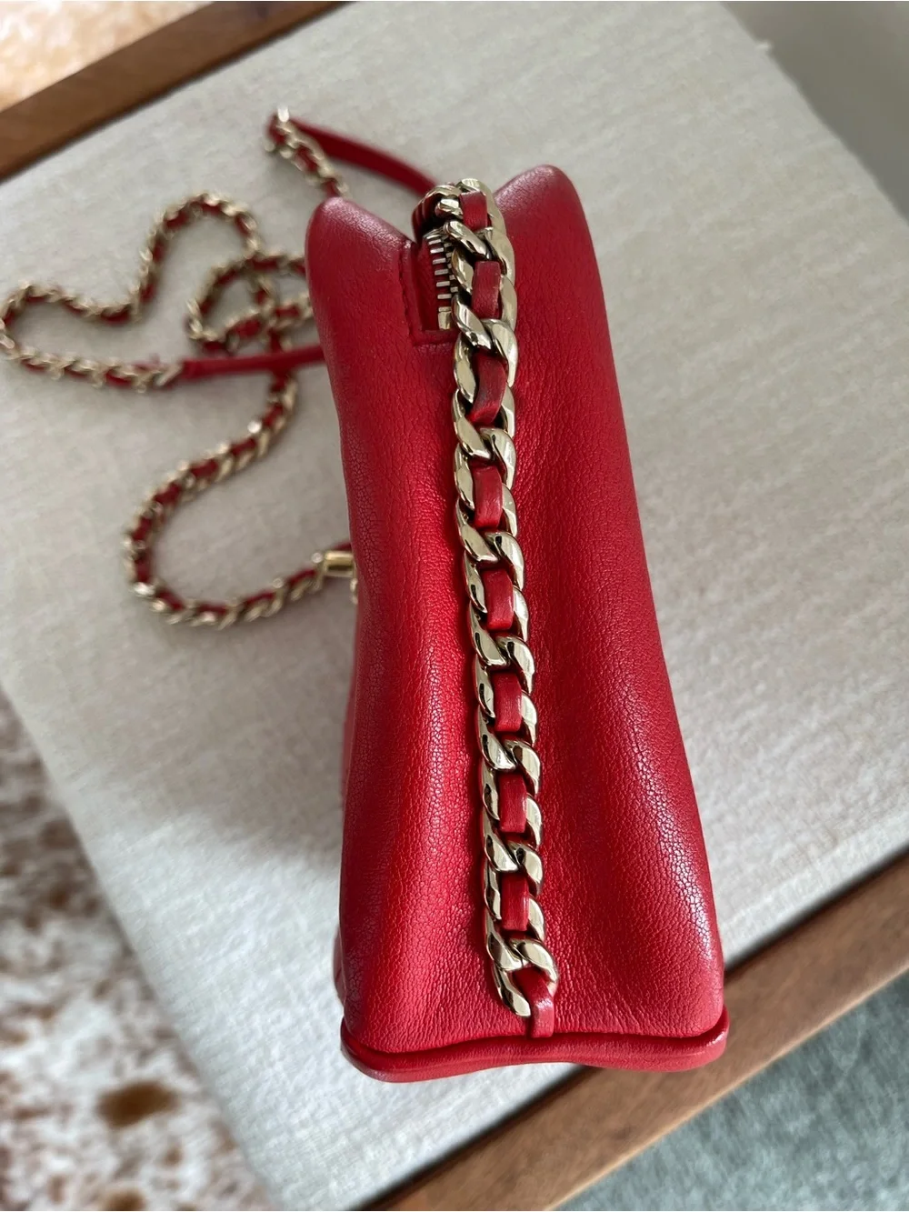 CHANEL Red Quilted Leather Crossbody Bag with Gold Chain